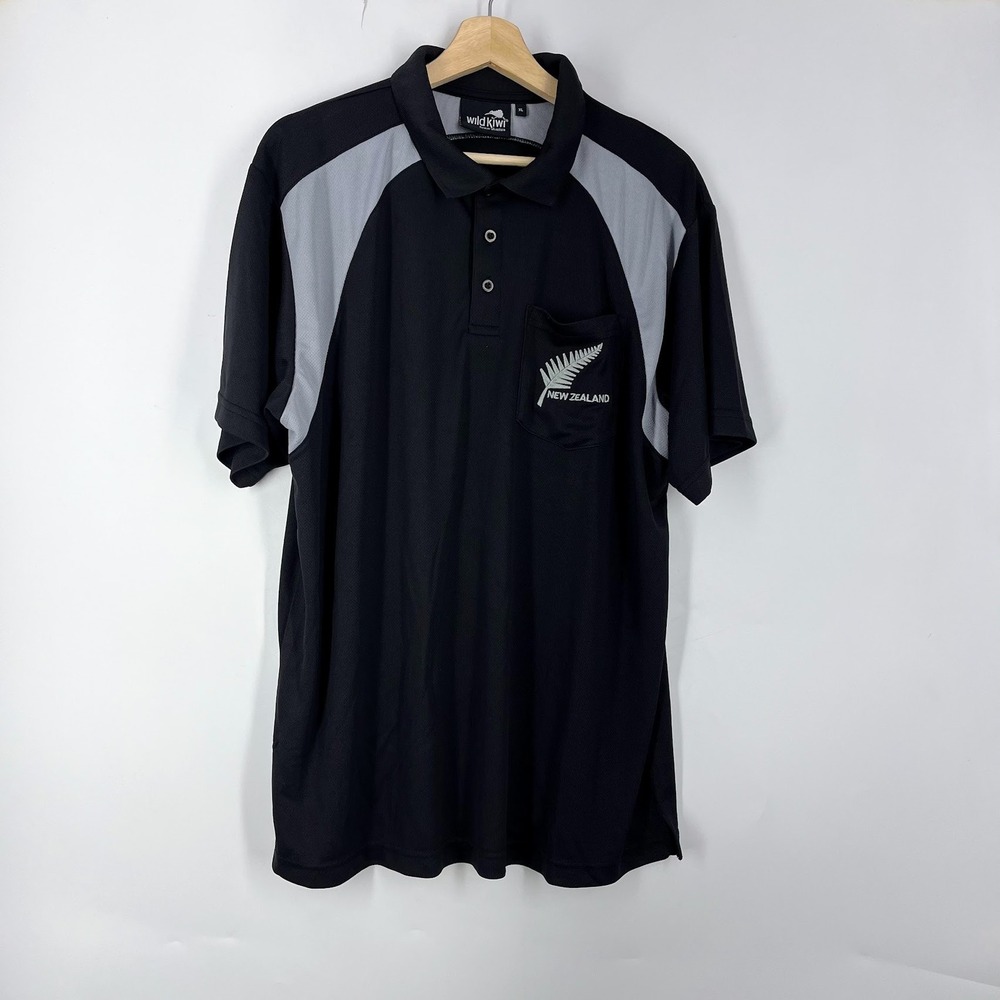 Wild Kiwi New Zealand‎ Polo Shirt Mens XL Black Grey Silver Fern Mesh Pocket